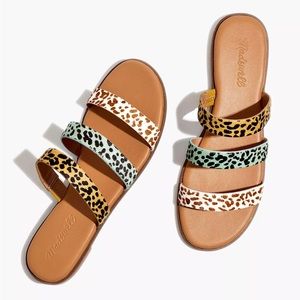 Madewell Triple-Strip Leopard Print Slide Sandals in Tan, Mint & White